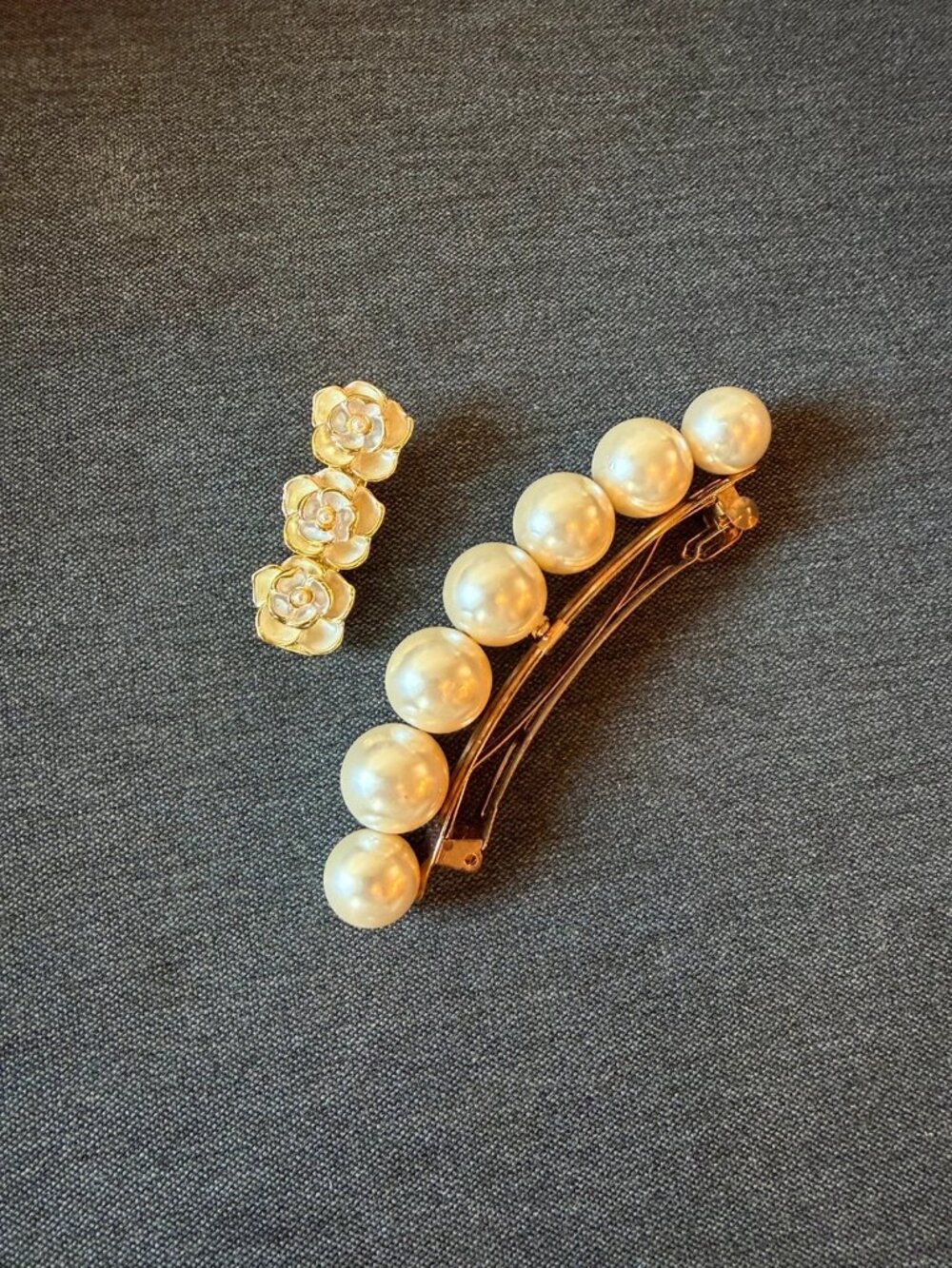 Large Pearl Barrette and Flower Hair Clip Set 2 Pieces Gold Coquette